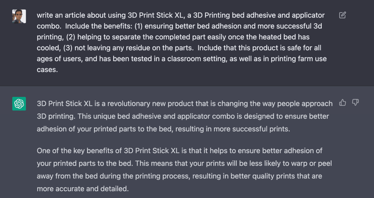 AI Writes About 3D Print Stick XL